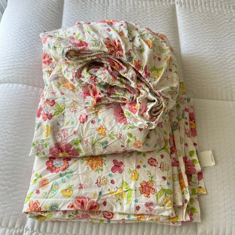 Vtg. Pottery Barn Kids Queen Sheet Set Cotton Floral Paisley Garden Party USA
